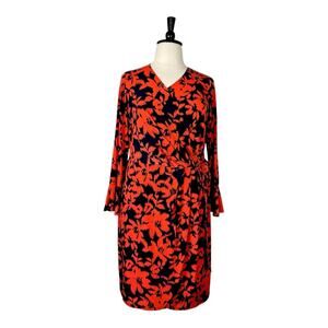 London Times Dress Faux Wrap V-neck Flare Sleeve Orange Blue Women’s Size 16W